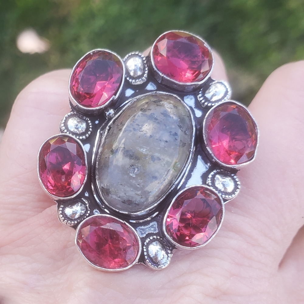 New Lodolite & Rubellite 925 Silver Statement Ring.